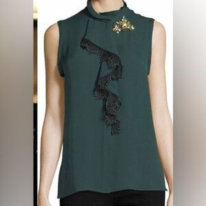 Kobi Halperin Silk Green Top with Brooch- Size XS